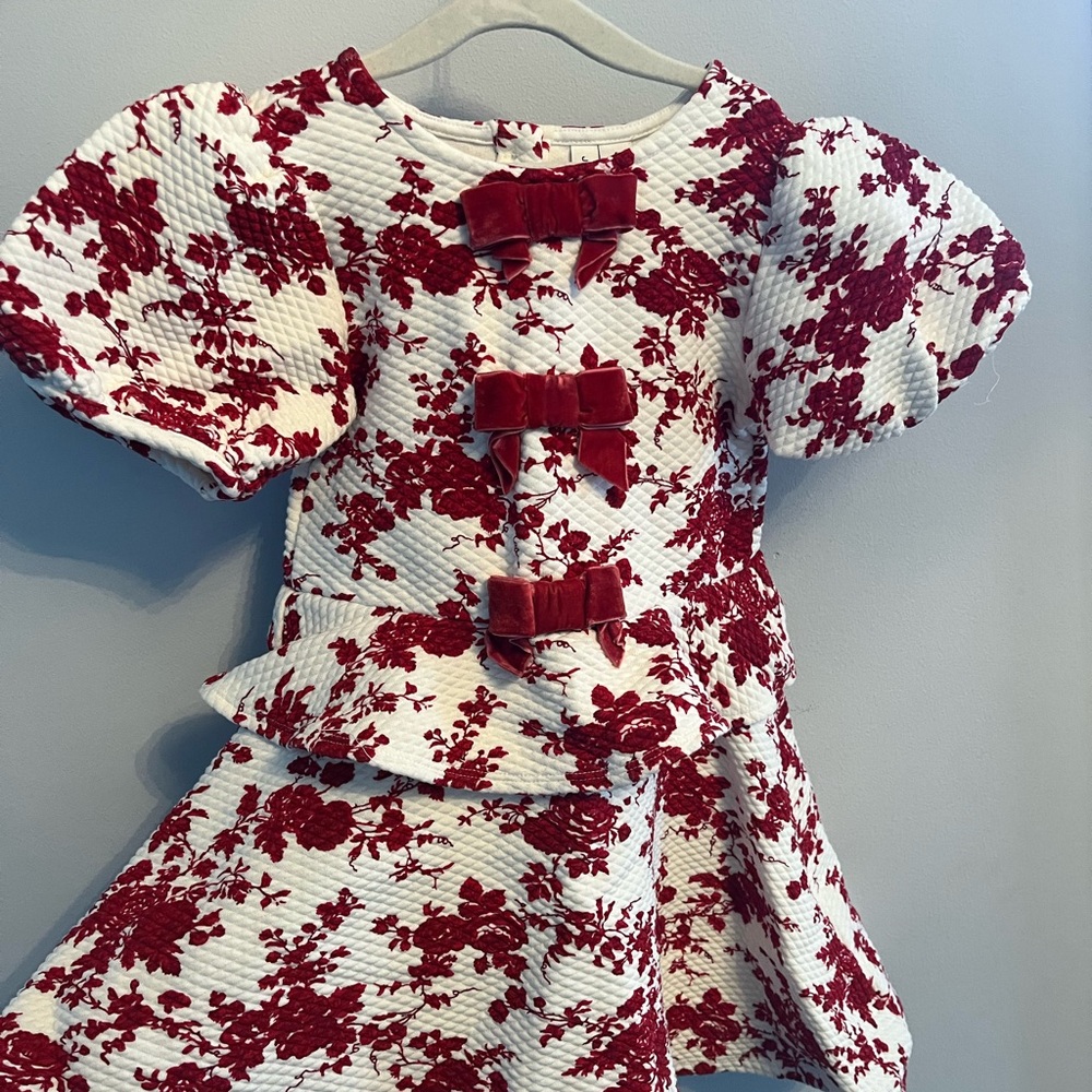 Janie and Jack Red and White Floral Quilted Dress with Bows